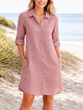 C&C California Linen Shirt Dress M Button Front Mauve Coastal Minimalist Preppy